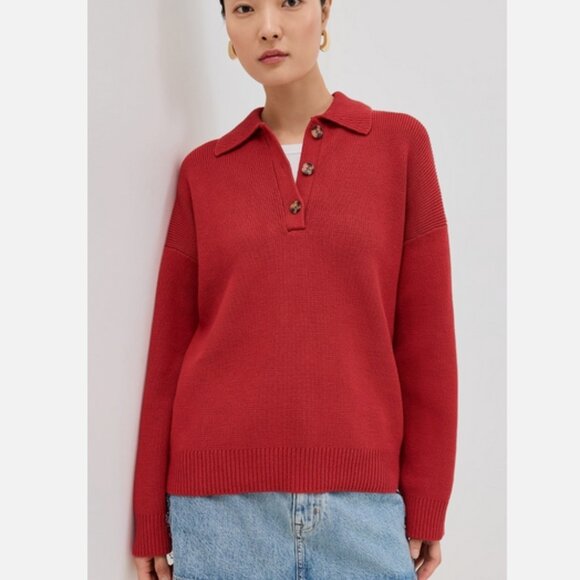 Reformation Anthropologie Brooklyn Polo Sweater Organic Cotton Sweater Red XS - Picture 7 of 10